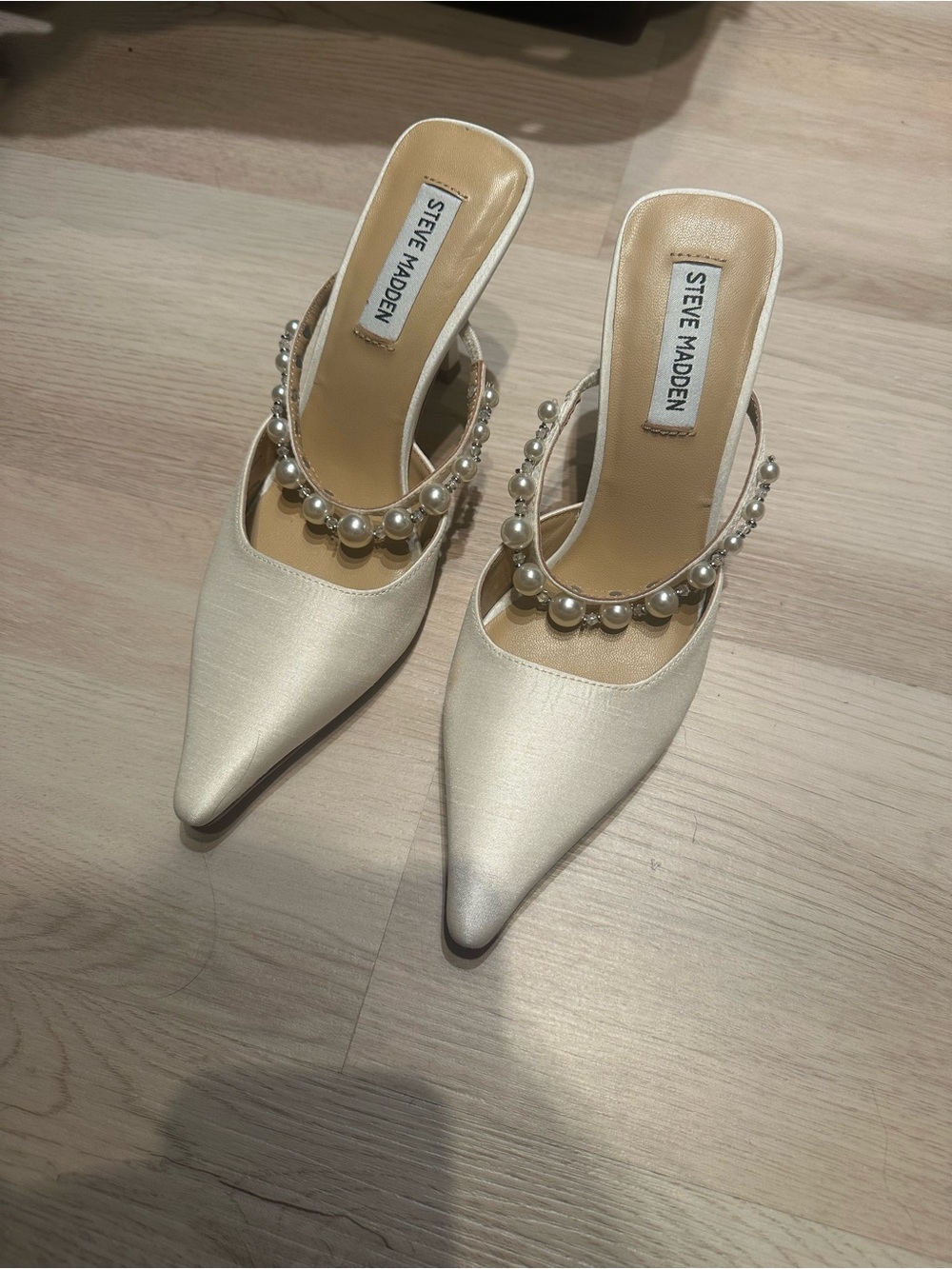 Steve Madden Ivory Satin Pointed Pearl-Embellished Mules